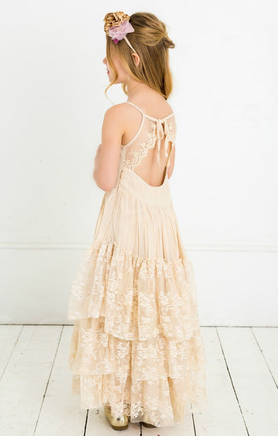 Skylar Flower Girl Lace Halter Dress - Champagne