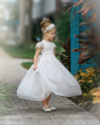 Luciana Long Cap Sleeve Lace Flower Girl Dress Off White