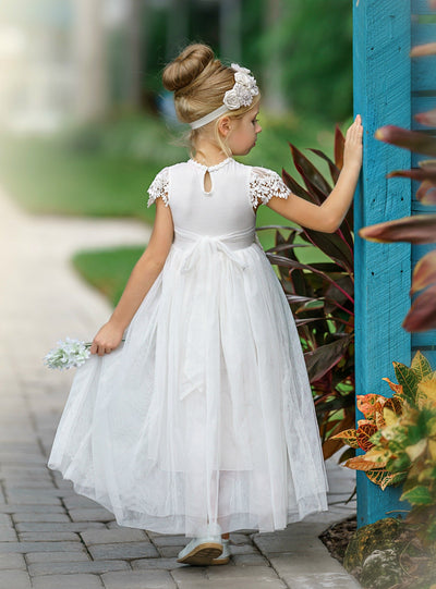 Luciana Long Cap Sleeve Lace Flower Girl Dress Off White