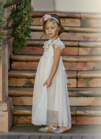 Luciana Long Cap Sleeve Lace Flower Girl Dress Ivory