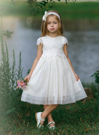 Luciana Cap Sleeve Lace Flower Girl Dress Off White