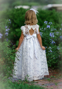 Eliza Flower Girl Lace Open Back Dress - White