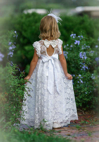 Eliza Flower Girl Lace Open Back Dress - White