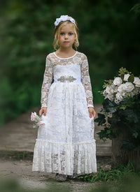 Sweetheart Flower Girl Lace Long Sleeve Dress - White
